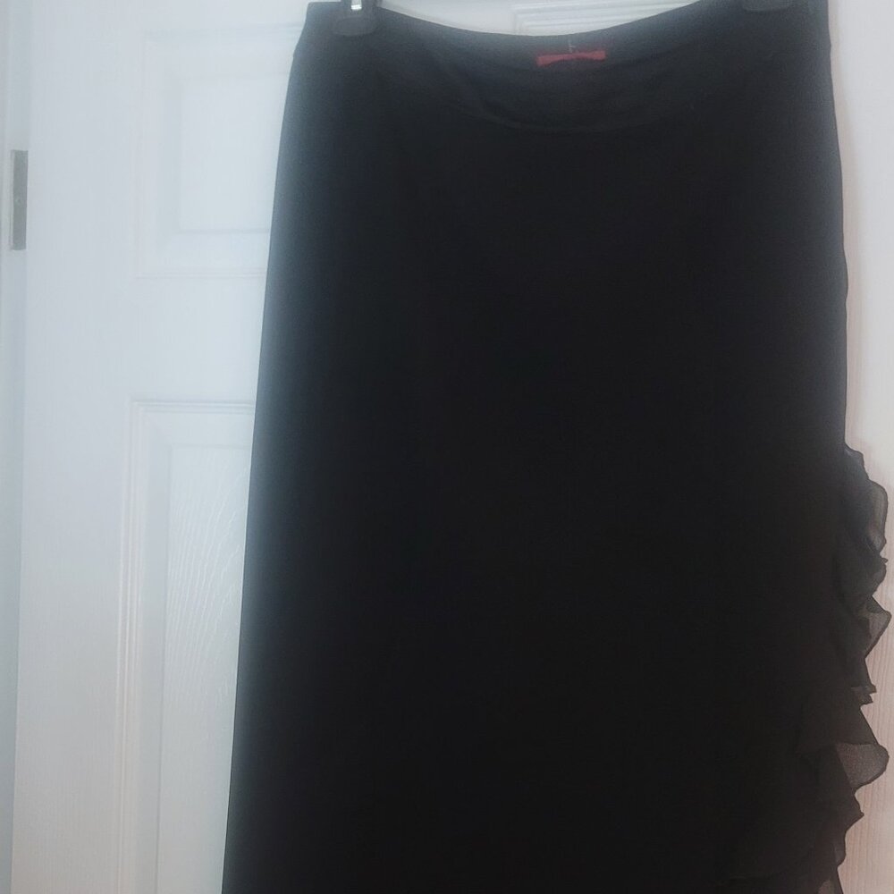 Long black skirt with chiffon ruffle split and hem